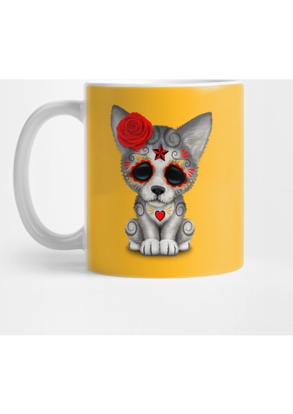 Red Day Of The Dead Sugar Skull Wolf Cub Kupa Bardak