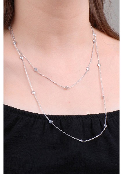 Sıra Taşlı 110 cm Gümüş Zincir Kolye 6628