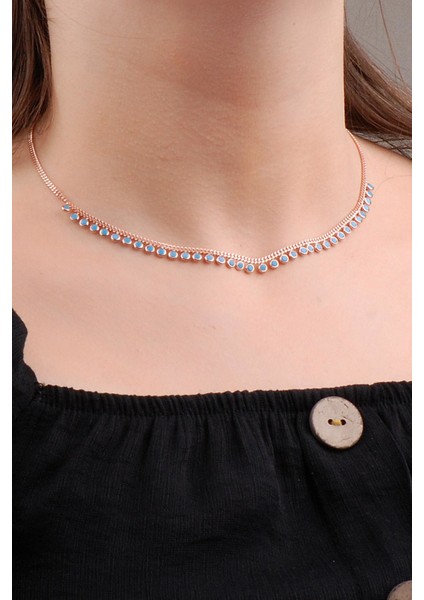 Turkuaz Taşlı Choker Rose Gümüş Kolye 6570