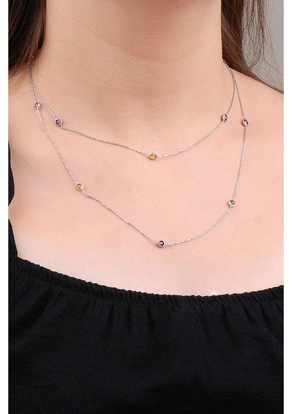 Mix Sıra Taşlı 90 cm Gümüş Kolye 6632
