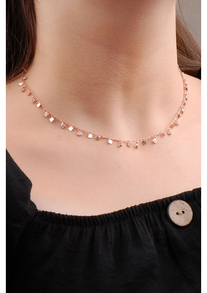 Pullu Rose Gümüş Choker Kolye 6582