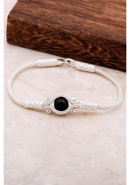 Kazaziye Işlemeli Oltu Taşlı Gümüş Bileklik 3258