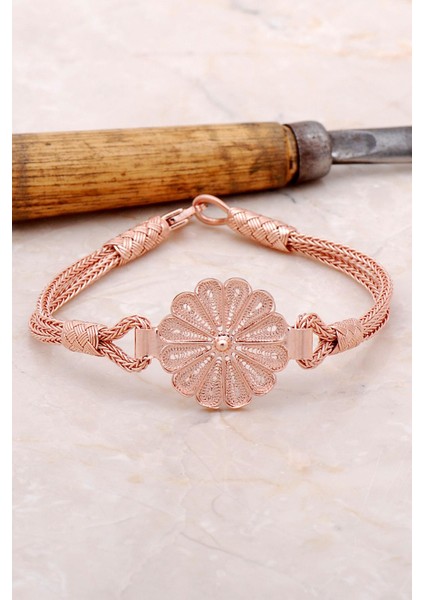 Telkari Kazaziye Işlemeli Rose Gümüş Bileklik 3370