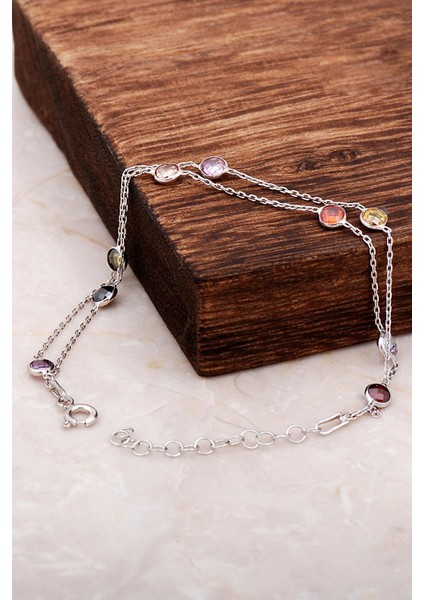 Mix Sıra Taşlı Tasarım Gümüş Bileklik 3233