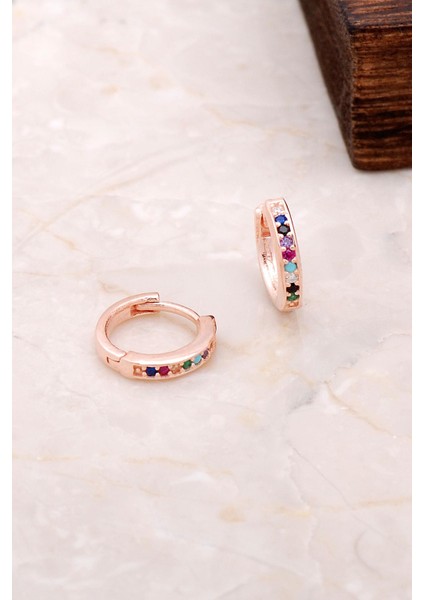 Rose Gümüş Mini Boy 12 mm Zirkon Taşlı Halka Küpe 4968