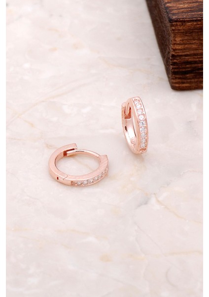 Rose Gümüş Mini Boy 12 mm Zirkon Taşlı Halak Küpe 4967