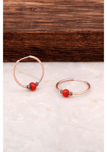 Rose Gümüş 18 mm Mercan Taşlı Halka Küpe 4766