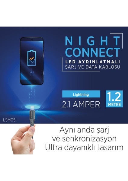 LSM05 LED Aydınlatmalı Lightning Şarj ve Data Kablosu 120 cm