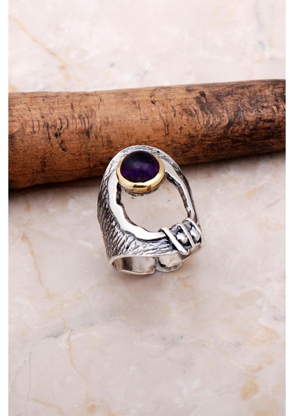 Ametist Taşlı Elişi Gümüş Tasarım Yüzük 3040
