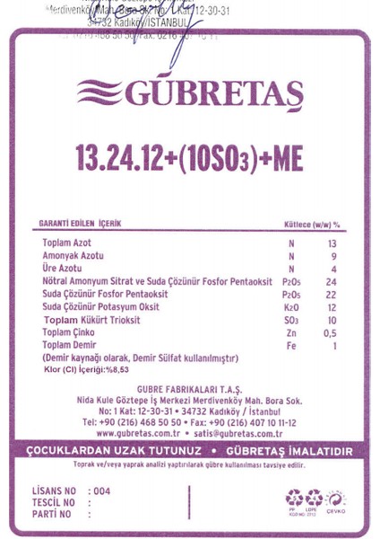 13 24 12+10 So3+Me Azot Fosfor Potasyum Kükürt İz Elementli Kompoze NPK Taban Gübre 50 Kg