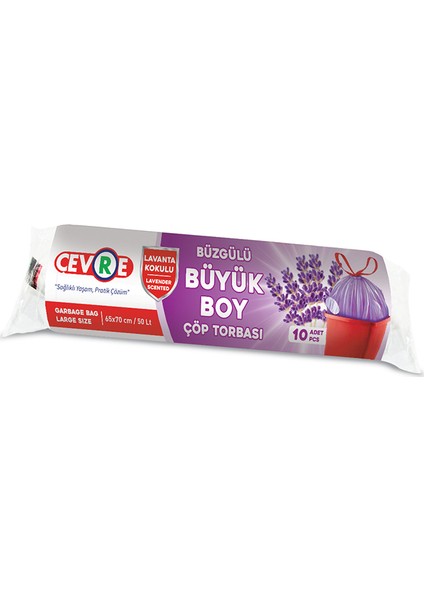 Büzgülü Çöp Torbası Lavanta Kokulu Büyük Boy 10'lu 65 x 70 cm