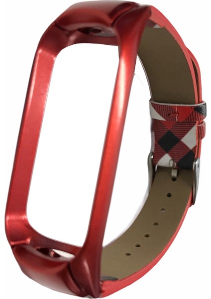 Xiaomi Mi Band 3 - 4 Akıllı Bileklik Metal Çerçeveli Kordon Desenli Deri Kırmızı