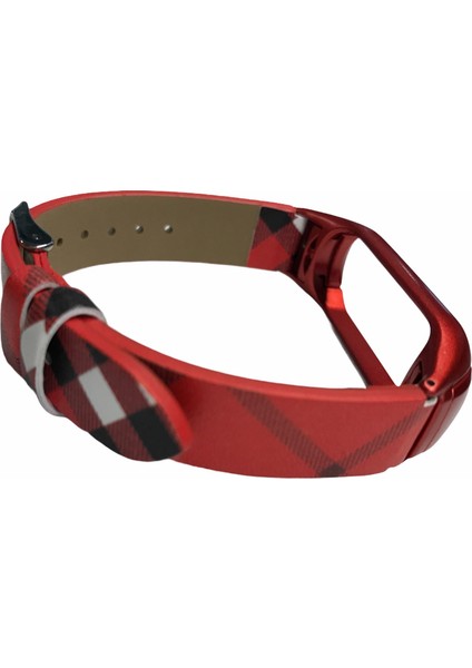 Xiaomi Mi Band 3 - 4 Akıllı Bileklik Metal Çerçeveli Kordon Desenli Deri Kırmızı