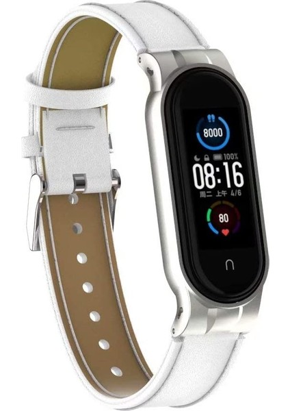 Xiaomi Mi Band 6 / Mi Band 5 Akıllı Bileklik Metal Çerçeveli Kordon Deri Beyaz fiyatları