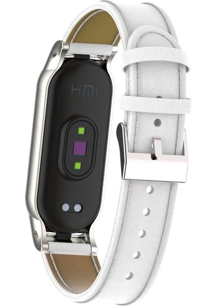 Xiaomi Mi Band 6 / Mi Band 5 Akıllı Bileklik Metal Çerçeveli Kordon Deri Beyaz modelleri