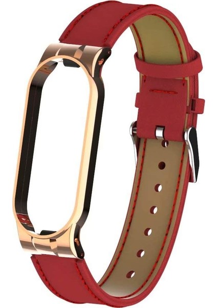 Xiaomi Mi Band 6 / Mi Band 5 Akıllı Bileklik Metal Çerçeveli Kordon Deri Kırmızı