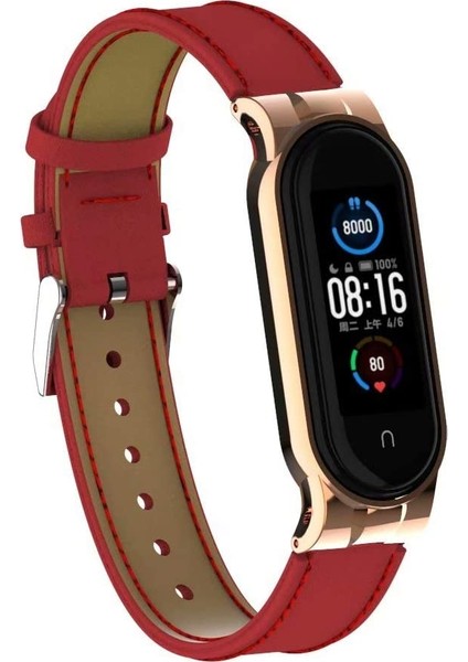 Xiaomi Mi Band 6 / Mi Band 5 Akıllı Bileklik Metal Çerçeveli Kordon Deri Kırmızı fiyatları