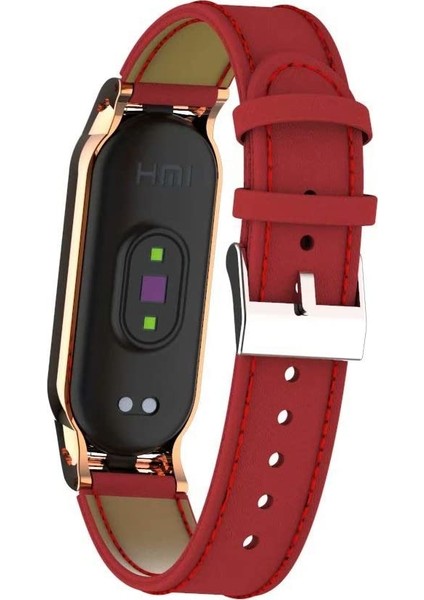 Xiaomi Mi Band 6 / Mi Band 5 Akıllı Bileklik Metal Çerçeveli Kordon Deri Kırmızı modelleri
