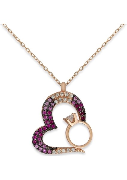 Pembe Zirkon Taşlı Kalp Içinde Tek Taş Rose Kaplama Gümüş Kolye