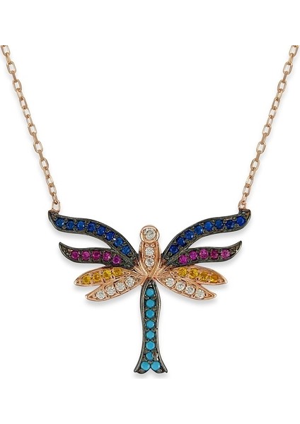 Kanatlı Kelebek Rengarenk Zirkon Taş Rose Kaplama Gümüş Kolye