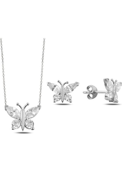 Rodyum Kaplama Zirkon Taşlı Kelebek Gümüş Set