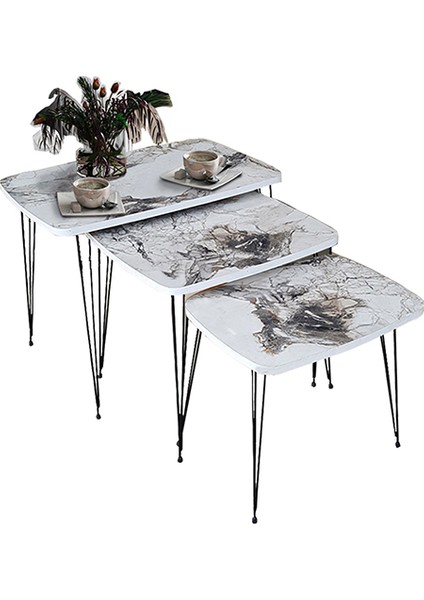 Vnalia Ahşap 3'lü Mis Zigon Sehpa Takımı Metal Firkete Ayaklı