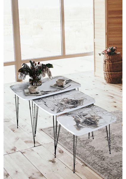 Vnalia Ahşap 3'lü Mis Zigon Sehpa Takımı Metal Firkete Ayaklı modelleri