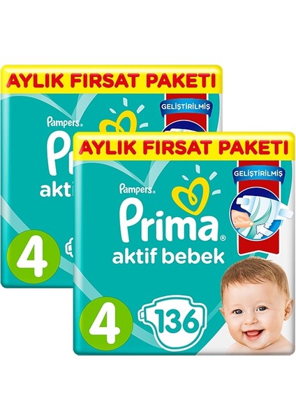 Bebek Bezi Aktif Bebek 4 Beden 136 Aylık Fırsat Paketi x 2