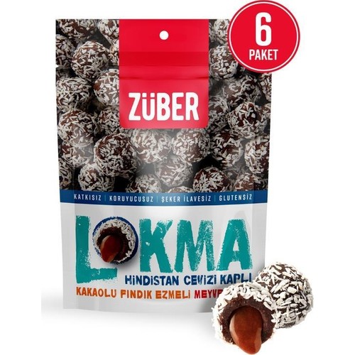 Züber Hindistan Cevizi Kaplı Kakaolu Fındık Ezmeli Meyve Topu 96 gr x 6 Paket