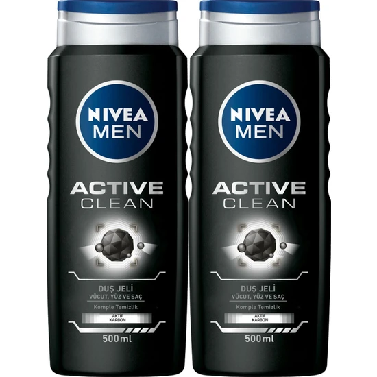 NIVEA Men Active Clean Duş Jeli 500 ml x2 Adet ,3'ü 1 Arada Komple Bakım, Vücut, Saç ve Yüz için
