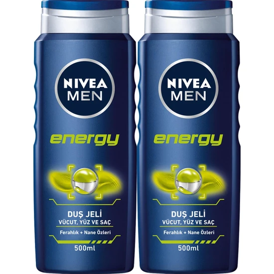 NIVEA Men Energy Erkek Duş Jeli 500 ml x2 Adet,Saç,Yüz ve Vücut için