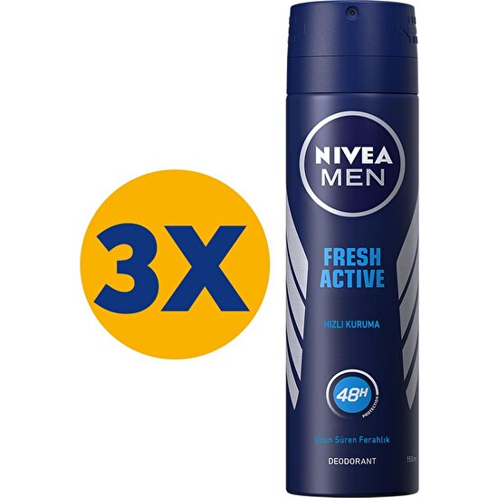 NIVEA Men Erkek Sprey Deodorant Fresh Active 48 Saat Deodorant Koruması 150 ml x3 Adet