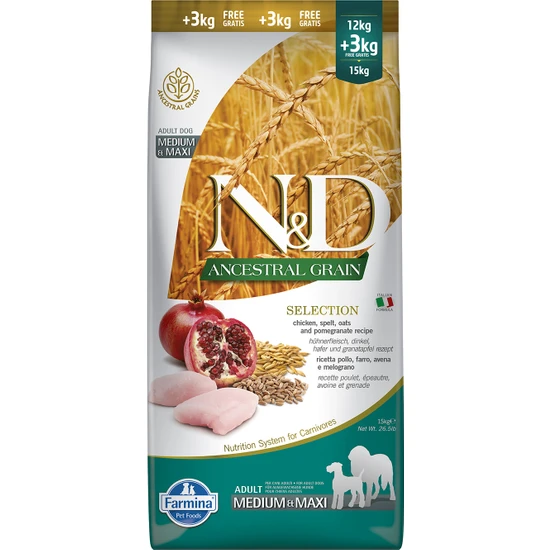 N-D Düşük Tahıllı Tavuklu Narlı Medium Maxi Adult Köpek Maması 12 Kg + 3 Kg