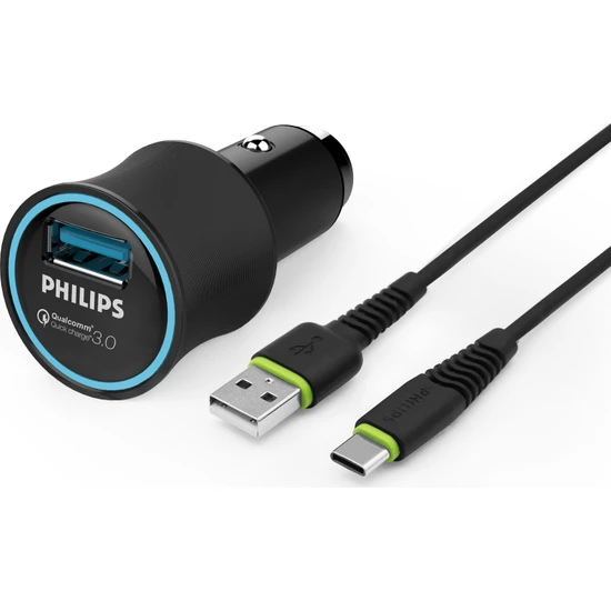 Philips DLP3520C/97 USB Araç İçi Şarj Cihazı QC 3.0 + USB-C 1.2 mt Şarj Kablosu Siyah