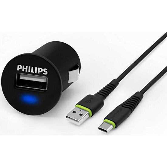 Philips DLP2520C/97 USB Araç Şarj Cihazı 2.1A + USB-C 1.2 mt Şarj Kablosu Siyah