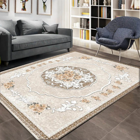 Canel Sarı Kahve Vintage Otantik Desenli Lastikli Halı Örtüsü Halı Kılıfı