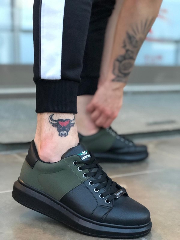 BOA-BA0127 Kalın Taban Bağcıklı Sneakers Tarz Haki Yeşil Siyah Taban Erkek Ayakkabı