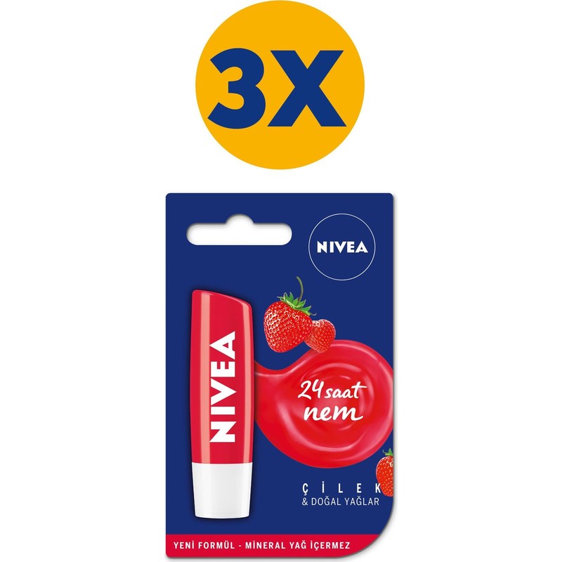 Nivea Dudak Bakım Kremi ve Dudak Parlatıcı Çilek 4,8 Gr x3 Adet,Doğal Yağlar ile 24 Saat Nem