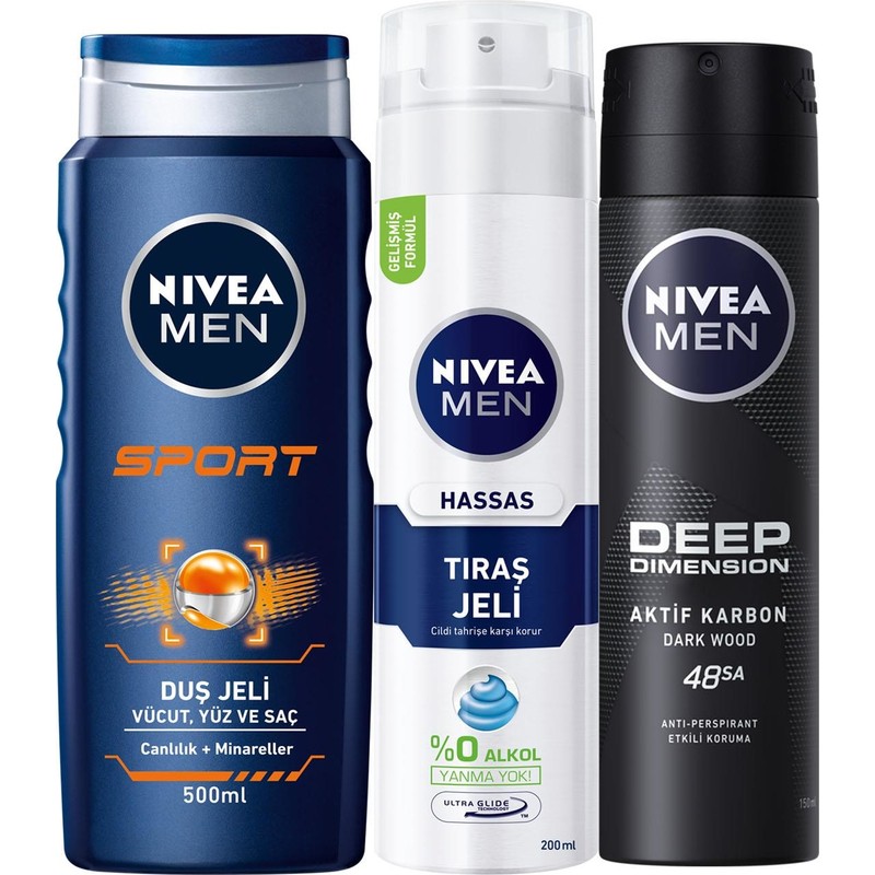 Nivea Men Sport Erkekler Için Saç ve Vücut Şampuanı 500 ml + Nivea Men Hassas Tıraş Jeli 200 ml + Nivea Men Deep Dimension Sprey Deodorant