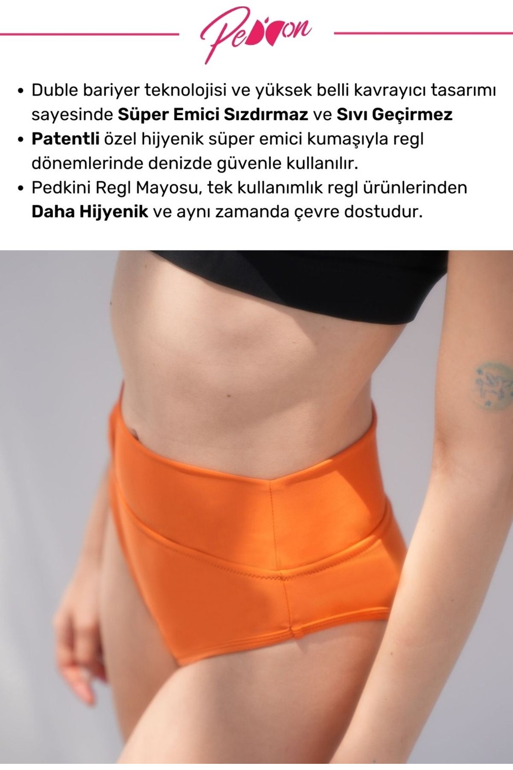 Peddon Regl Dönemine Özel Konforlu Pedkini Mayo Altı Eco Friendly Swimwear Süper Emici Yüksek Bel Bikini Altı Siyah Regl Mayosu görsel 3