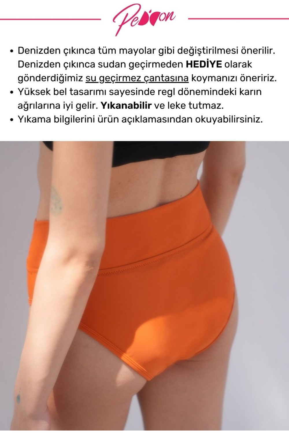 Peddon Regl Dönemine Özel Konforlu Pedkini Mayo Altı Eco Friendly Swimwear Süper Emici Yüksek Bel Bikini Altı Siyah Regl Mayosu görsel 4