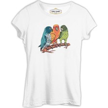 Lord T-Shirt Three Colorful Birds Talking Beyaz Kadın Tshirt