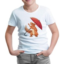 Cute Squirrel Holding An Umbrella Beyaz Çocuk Tshirt