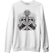 Lord T-Shirt Skeleton Silhouette Making Rock Sign Beyaz Erkek Kalın Sweatshirt