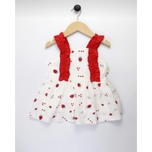 NSE Collection Kız Bebek Keten Fırfır Askılı Çilek Model Elbise ve Sahte Çilek Modelli Çanta Takımı