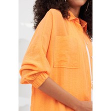 Nur Ozbey Kolları Lastikli Desenli Oversıze Gömlek Orange
