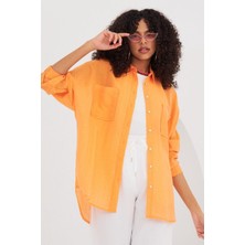 Nur Ozbey Kolları Lastikli Desenli Oversıze Gömlek Orange