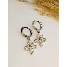 925 Ayar Gümüş Zirkon Taşlı Sallantılı Lotus Model Trend Kadın Küpe Yılbaşı Yeni Yıl Hediye