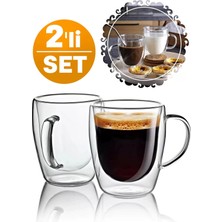 Tilbe Home Çift Cidarlı Bardak Cam Kupa 310 ml Ev Ofis Espresso Kahve Sunum Bardağı Isıya Dayanıklı Kahve Fincanı Borosilikat Kulplu Çay Bardağı