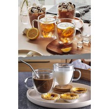 Tilbe Home Çift Cidarlı Bardak Cam Kupa 310 ml Ev Ofis Espresso Kahve Sunum Bardağı Isıya Dayanıklı Kahve Fincanı Borosilikat Kulplu Çay Bardağı